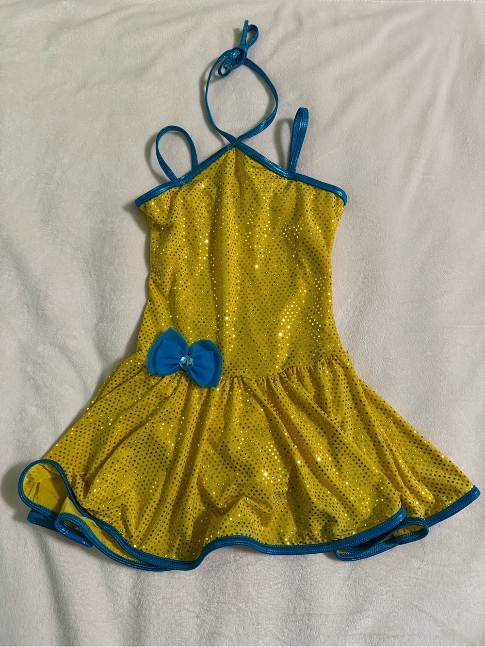 Girls Yellow Sequin Dance Dress with Blue Trim and Bow